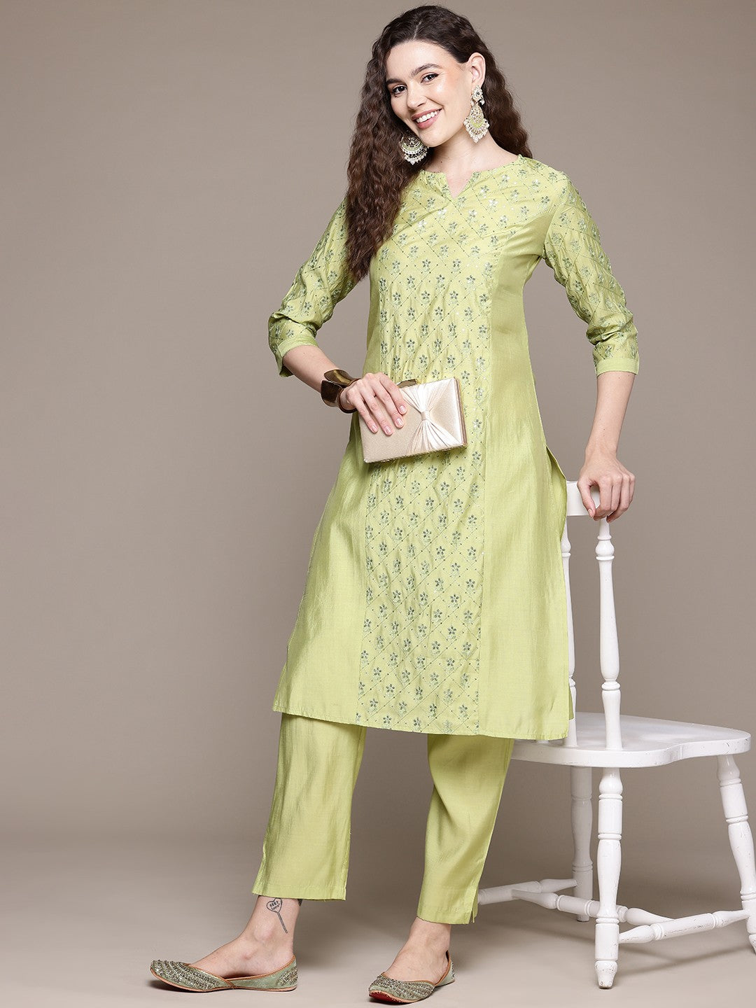 Straight Style Silk Fabric Green Color Kurta With Bottom