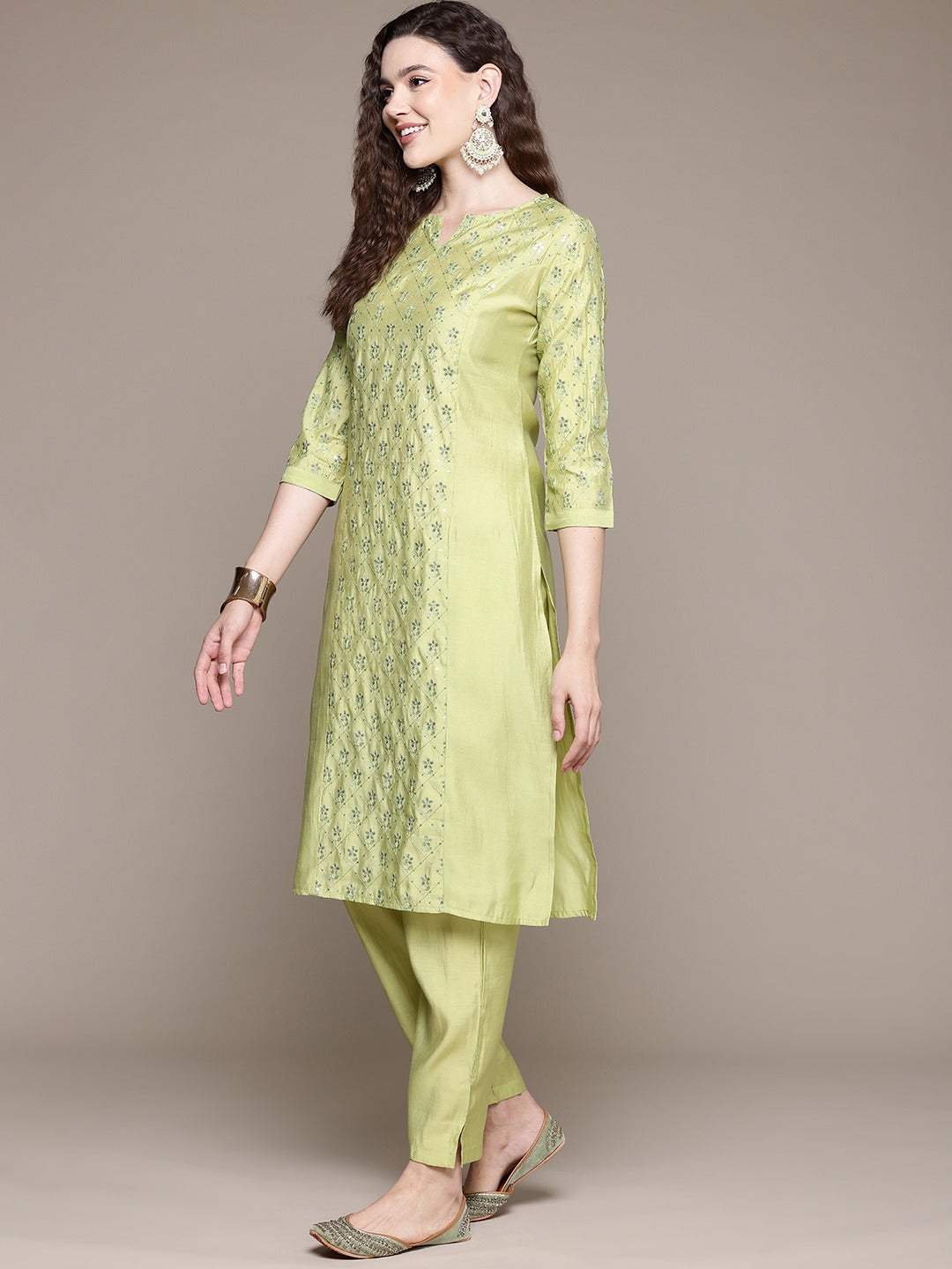 Straight Style Silk Fabric Green Color Kurta With Bottom