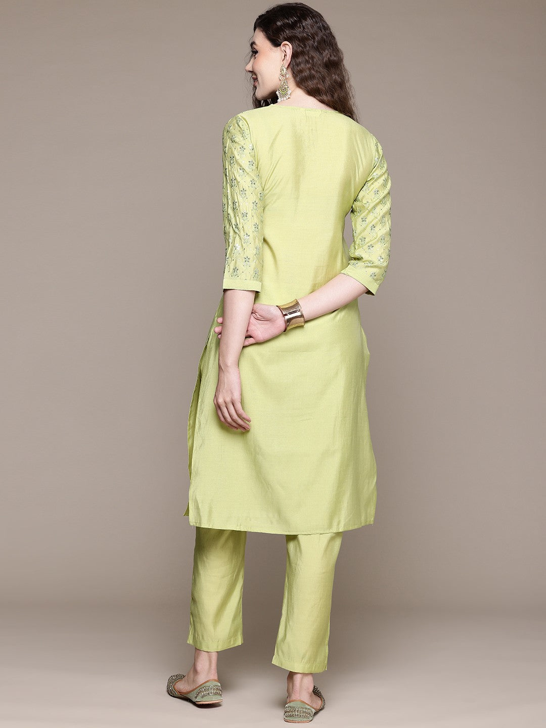 Straight Style Silk Fabric Green Color Kurta With Bottom