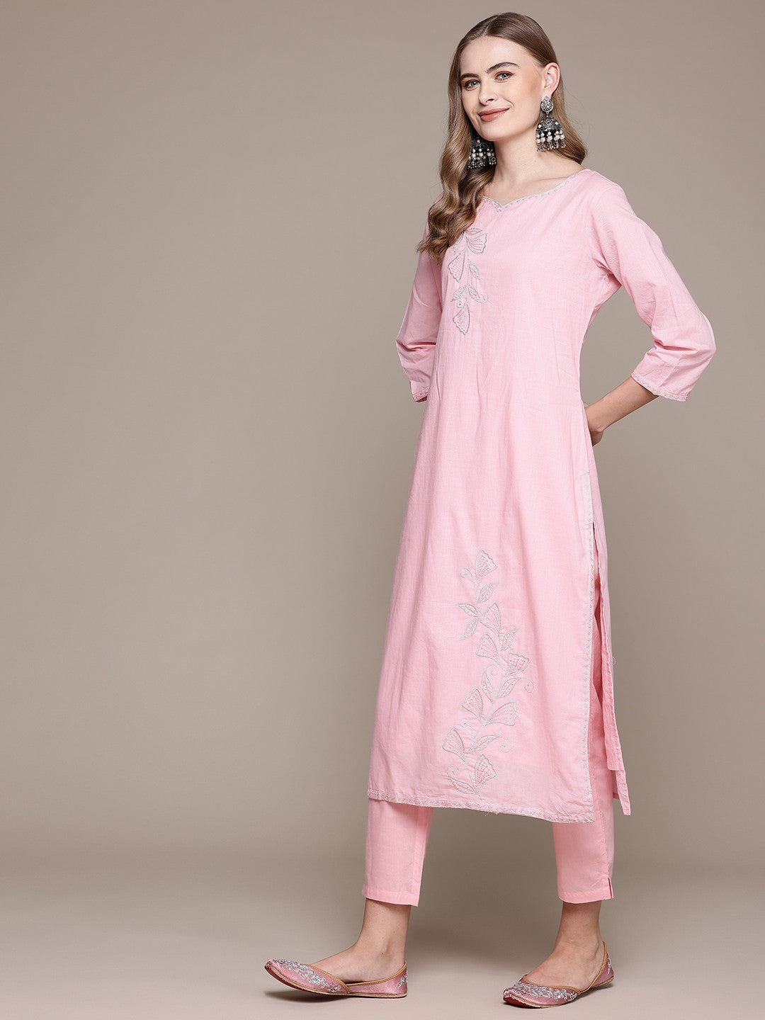 Straight Style Cotton Fabric Pink Color Kurta With Bottom And Dupatta