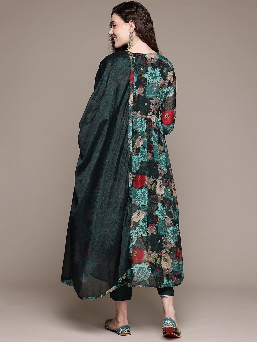 Flared Style Silk Fabric Green Color Kurta With Bottom And Dupatta