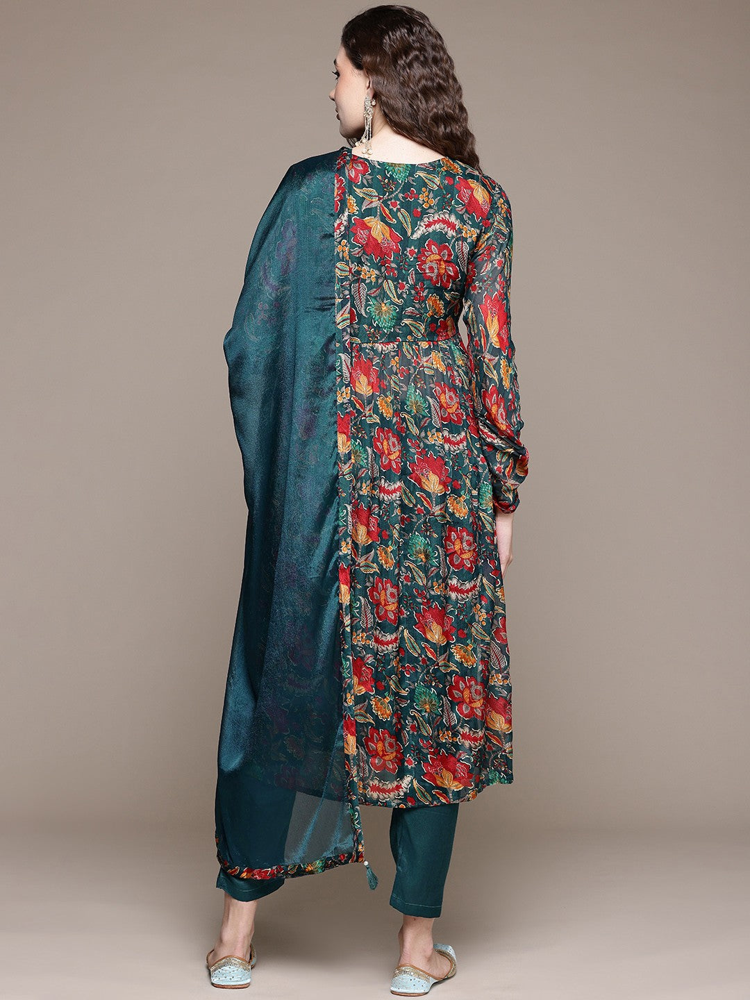 Flared Style Silk Fabric Teal Color Kurta With Bottom And Dupatta