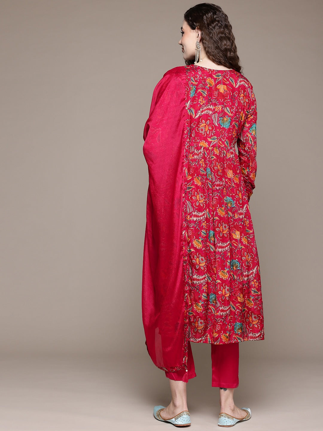 Flared Style Silk Fabric Magenta Color Kurta With Bottom And Dupatta