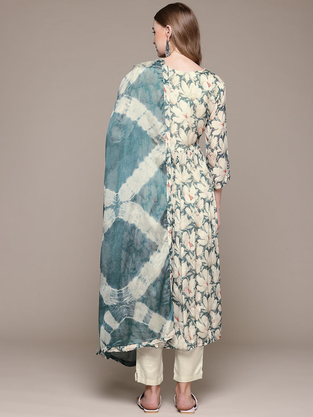 Flared Style Silk Fabric Cream Color Kurta With Bottom And Dupatta