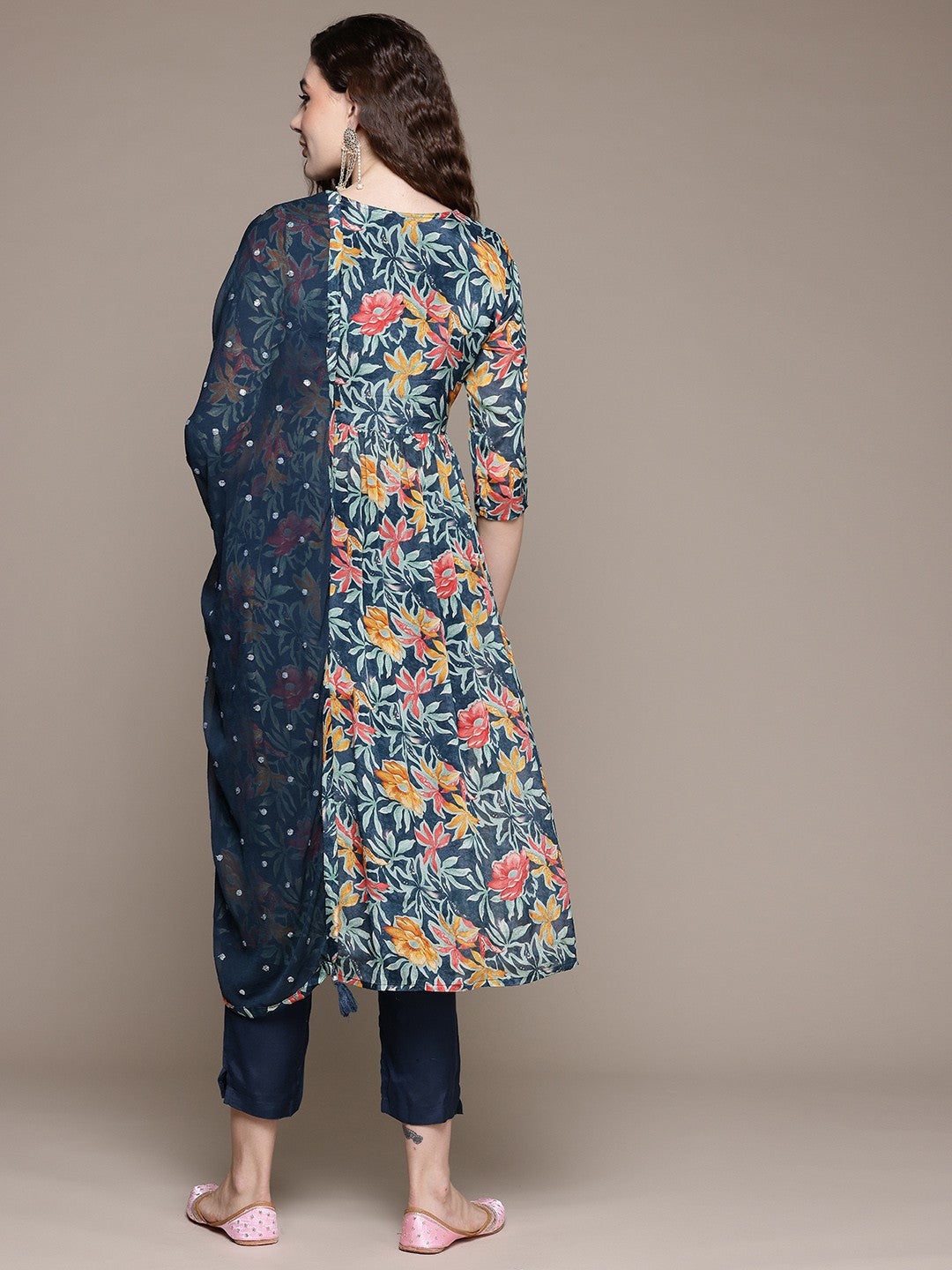 Flared Style Silk Fabric Blue Color Kurta With Bottom And Dupatta