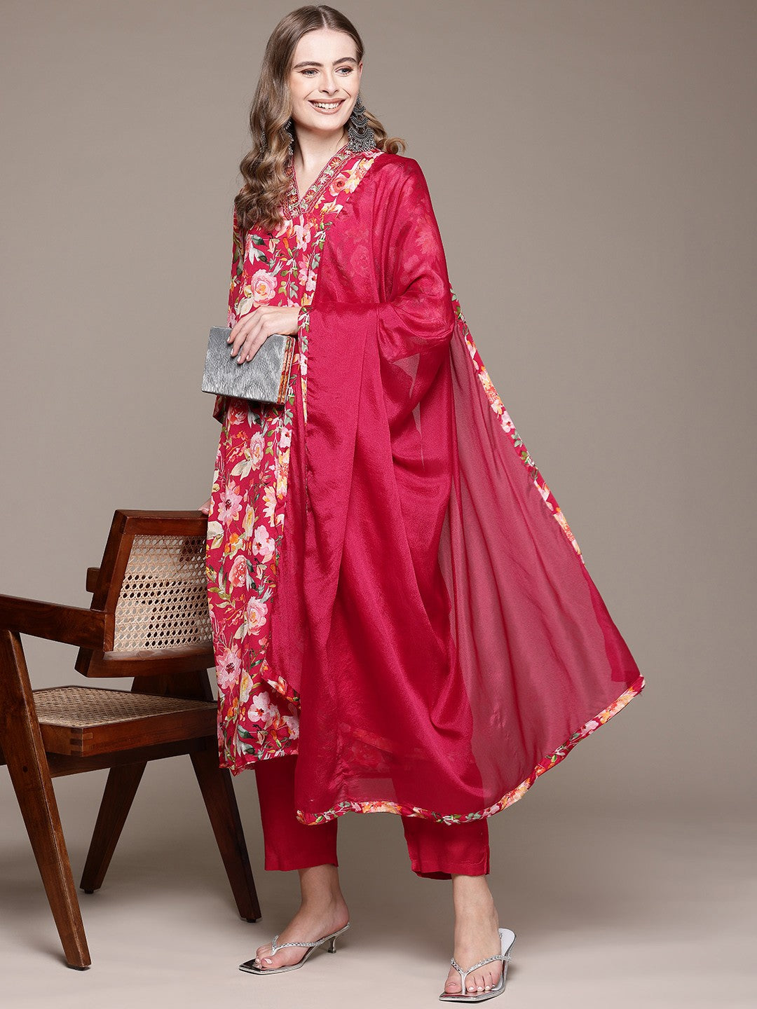Straight Style Silk Fabric Pink Color Kurta With Bottom And Dupatta