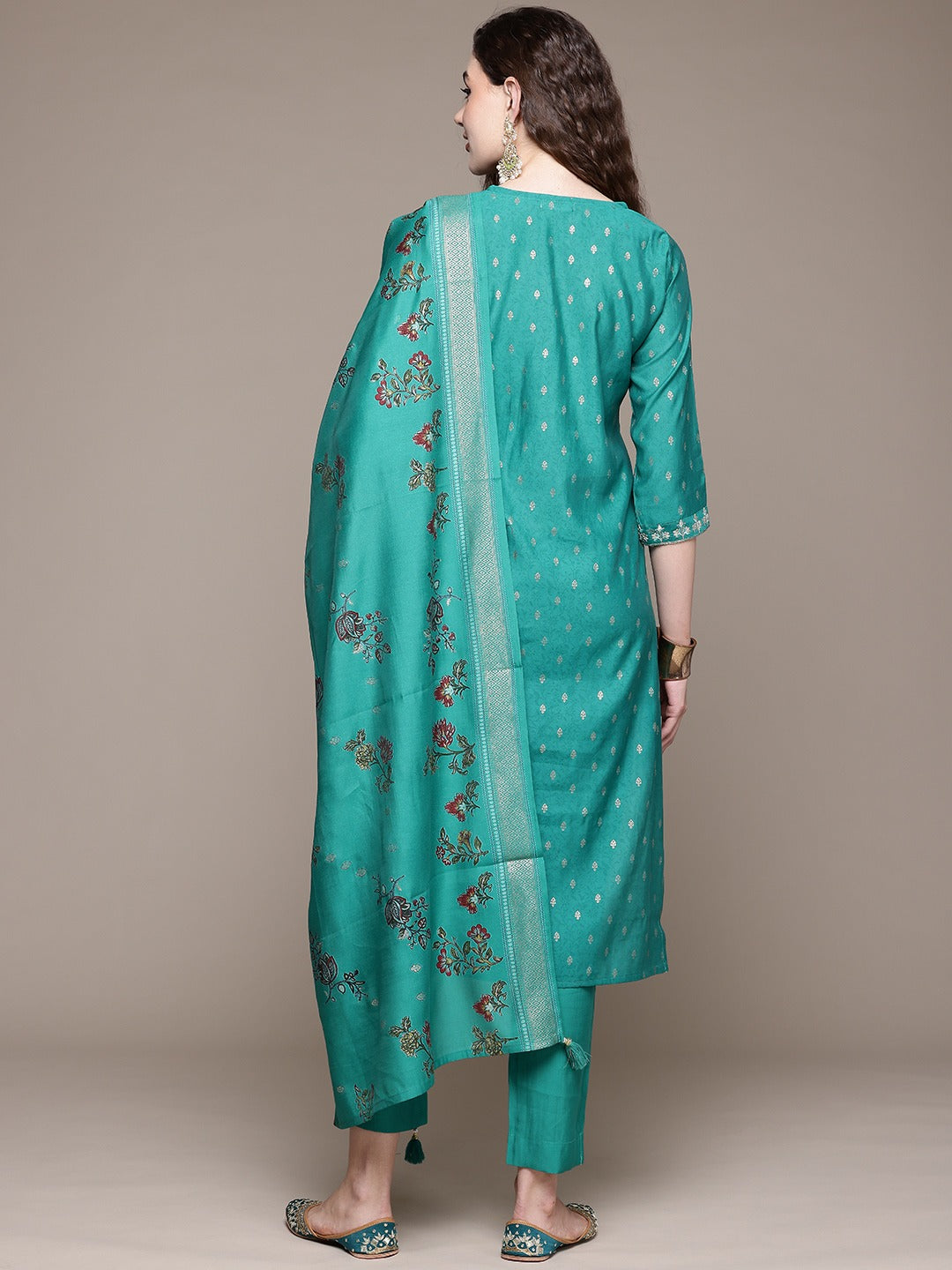 Straight Style Silk Fabric Green Color Kurta With Bottom And Dupatta