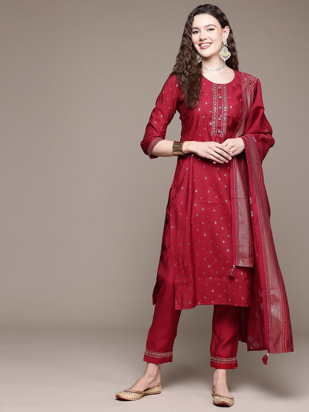 Straight Style Silk Fabric Maroon Color Kurta With Bottom And Dupatta