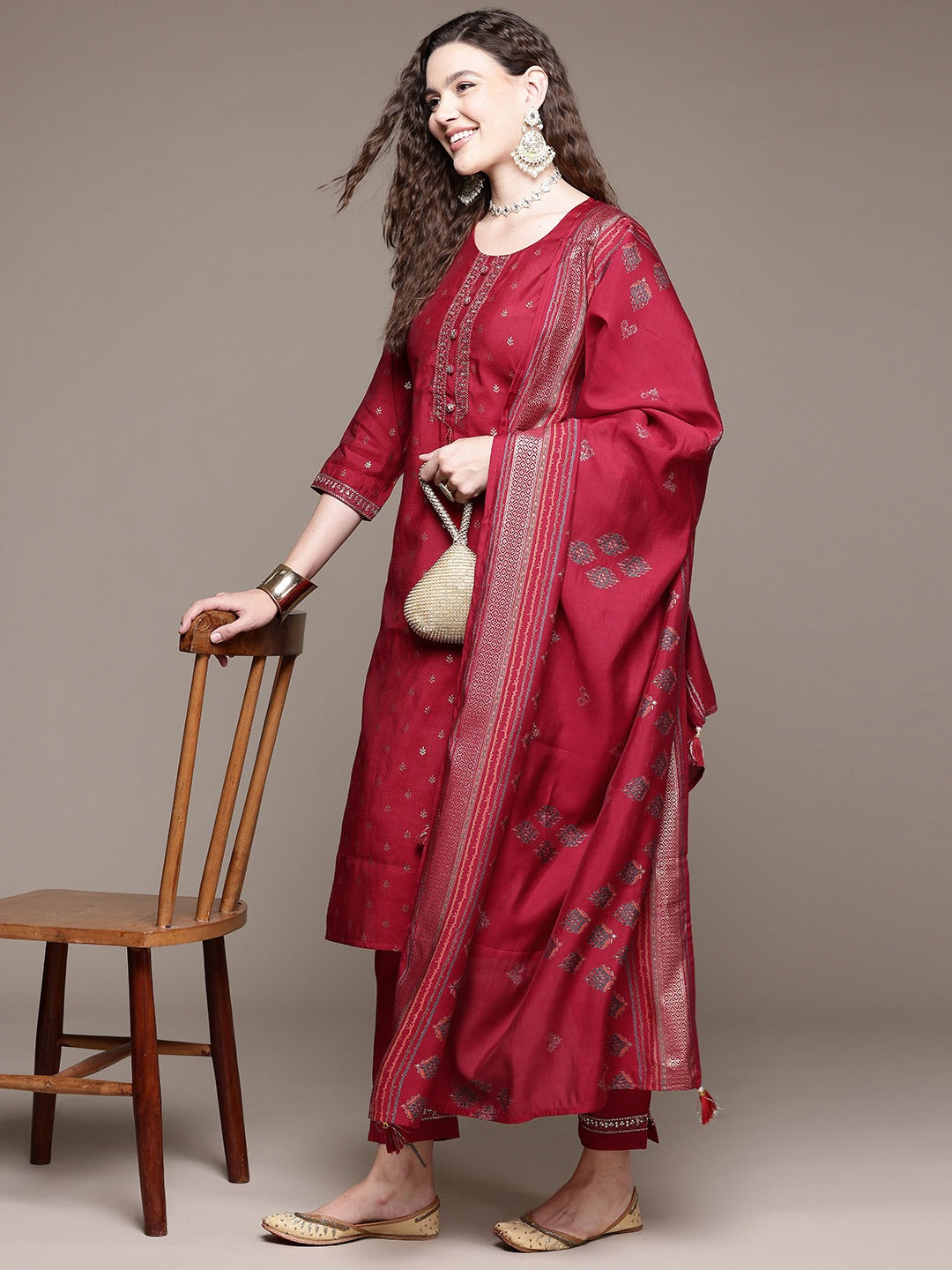 Straight Style Silk Fabric Maroon Color Kurta With Bottom And Dupatta