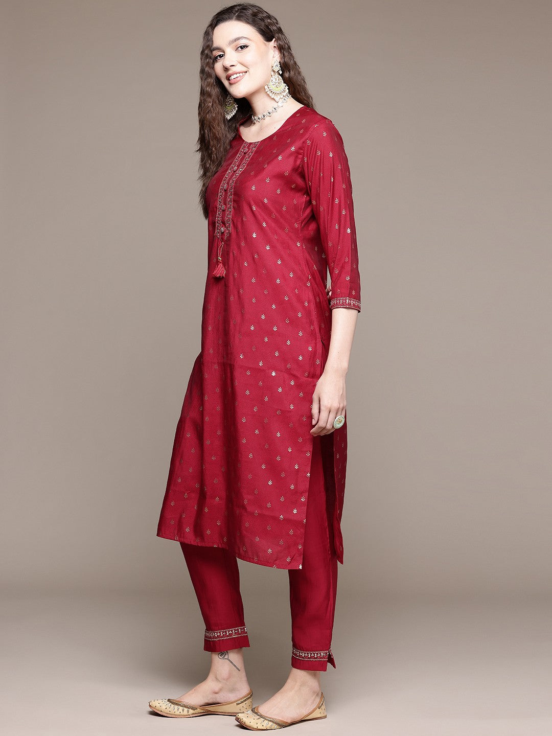 Straight Style Silk Fabric Maroon Color Kurta With Bottom And Dupatta