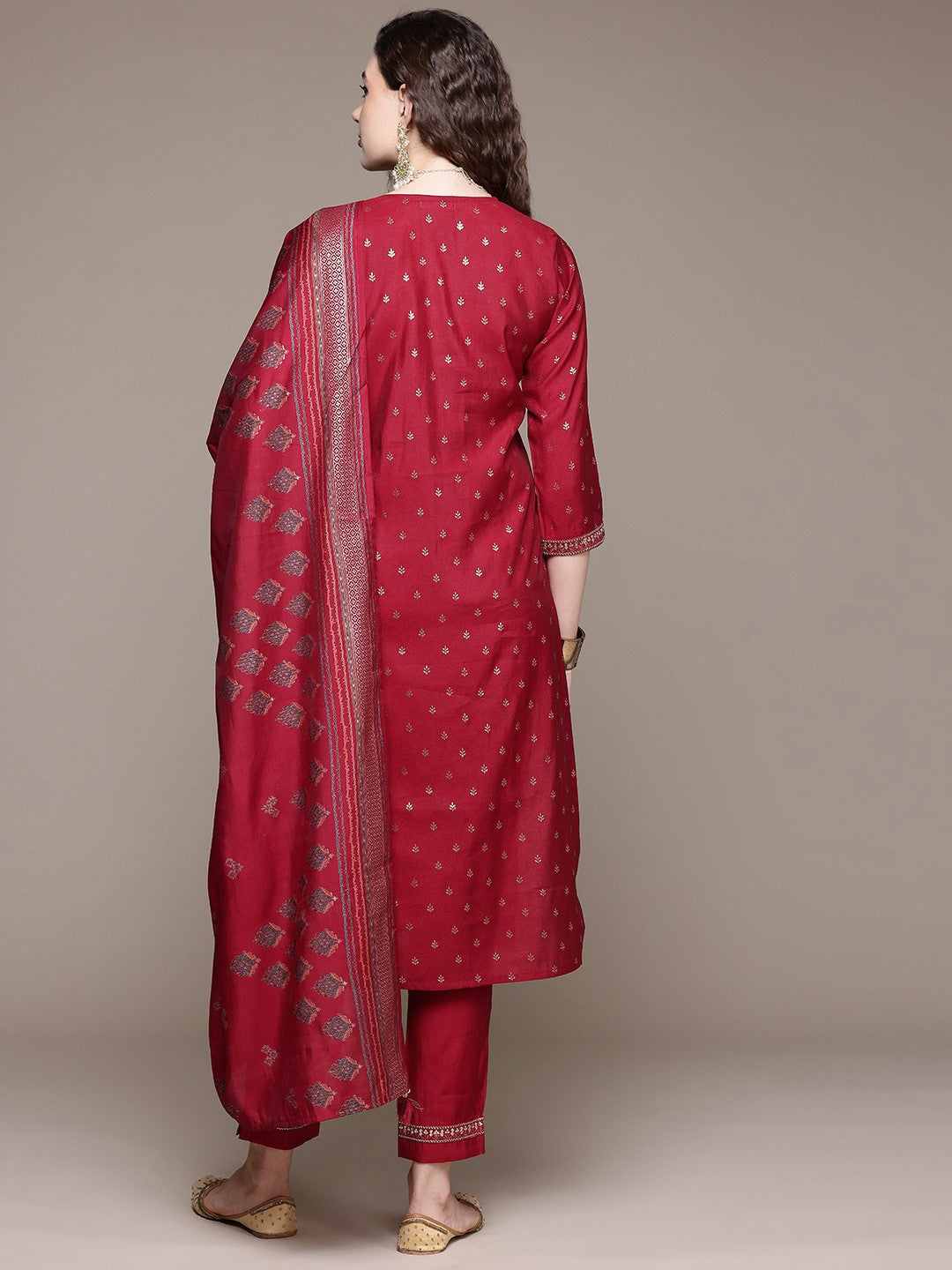 Straight Style Silk Fabric Maroon Color Kurta With Bottom And Dupatta