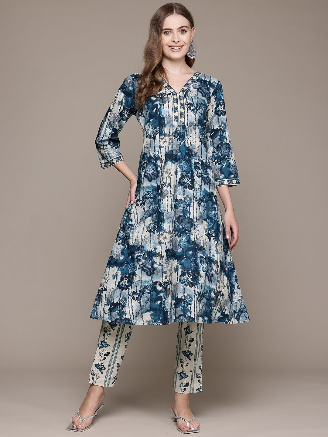 A Line Style Cotton Fabric Blue Color Kurta With Bottom