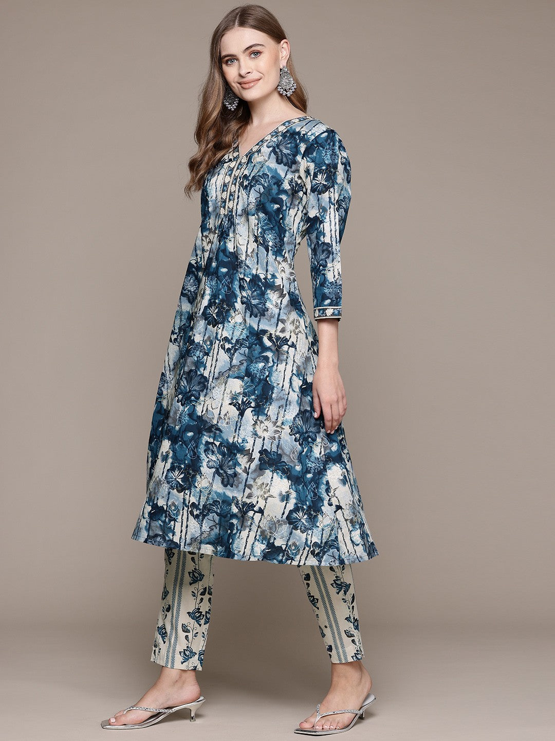 A Line Style Cotton Fabric Blue Color Kurta With Bottom
