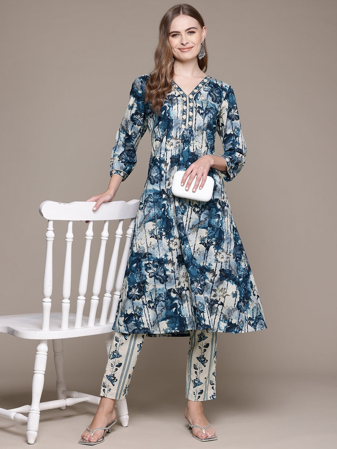 A Line Style Cotton Fabric Blue Color Kurta With Bottom