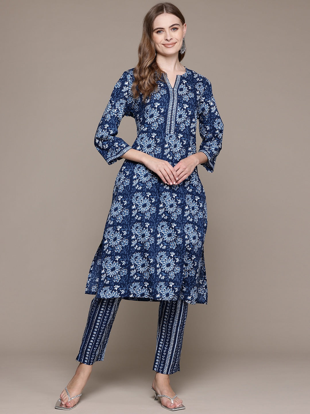 Straight Style Cotton Fabric Blue Color Kurta With Bottom