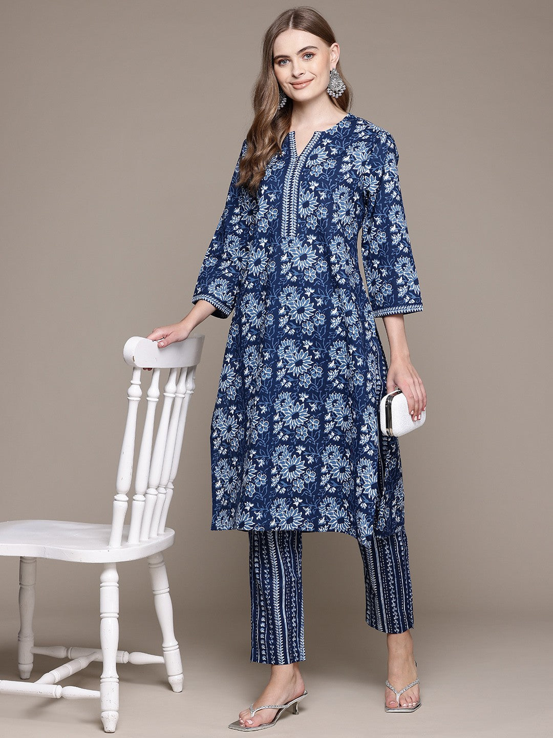 Straight Style Cotton Fabric Blue Color Kurta With Bottom