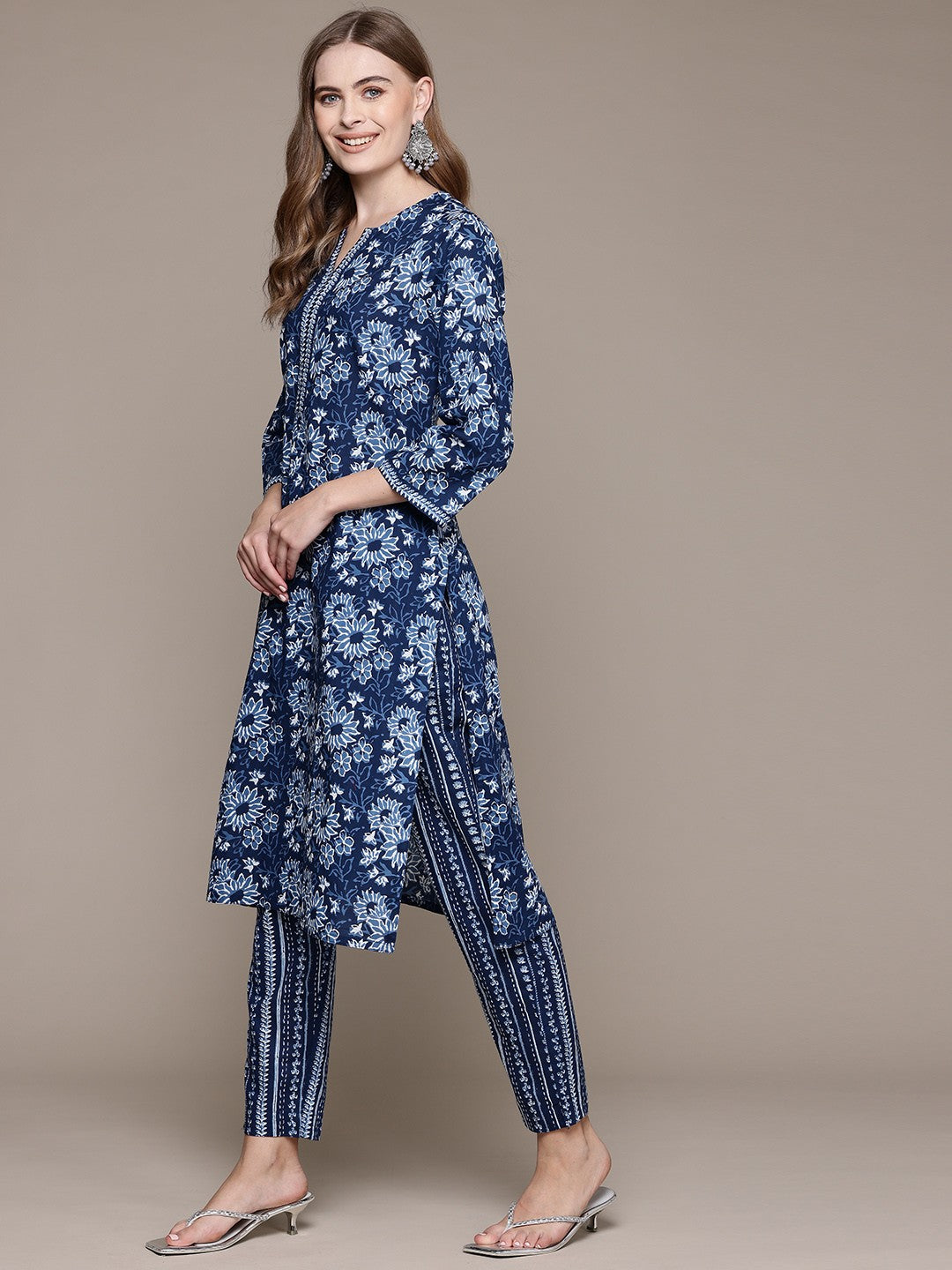 Straight Style Cotton Fabric Blue Color Kurta With Bottom