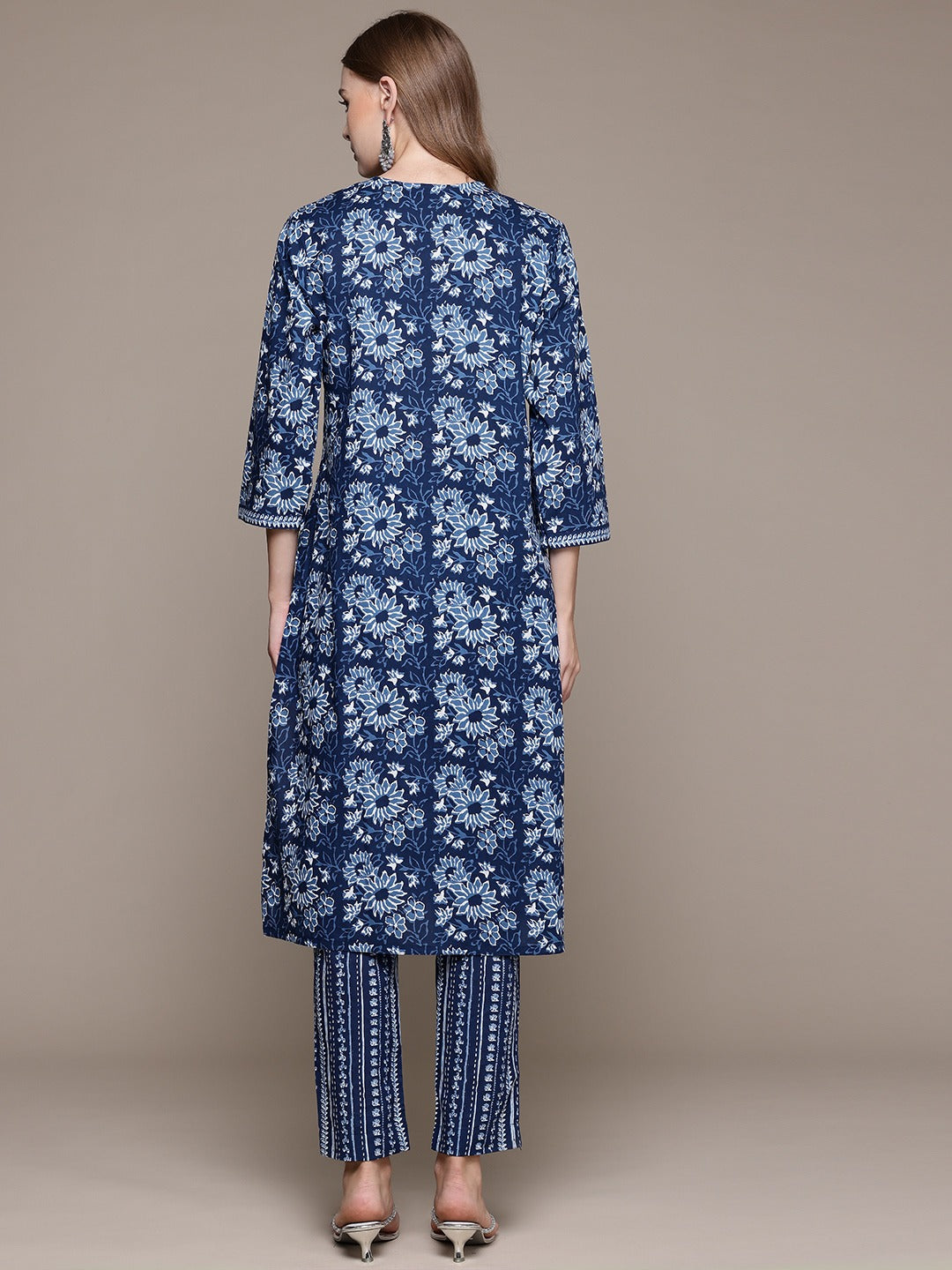 Straight Style Cotton Fabric Blue Color Kurta With Bottom