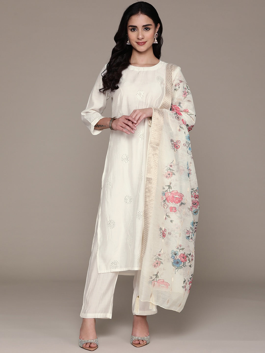 Straight Style Silk Fabric White Color Kurta With Bottom And Dupatta
