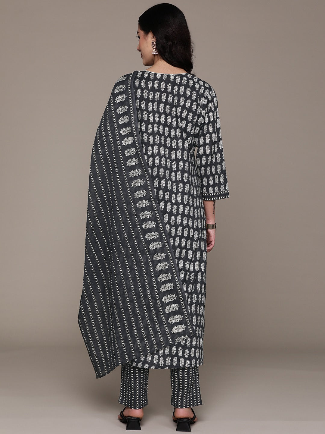 Straight Style Cotton Fabric Grey Color Kurta With Bottom And Dupatta