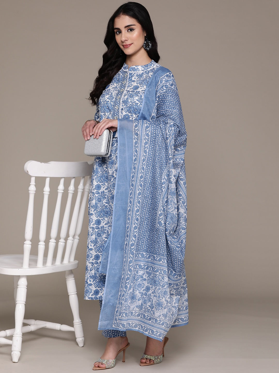 Straight Style Cotton Fabric Blue Color Kurta With Bottom And Dupatta