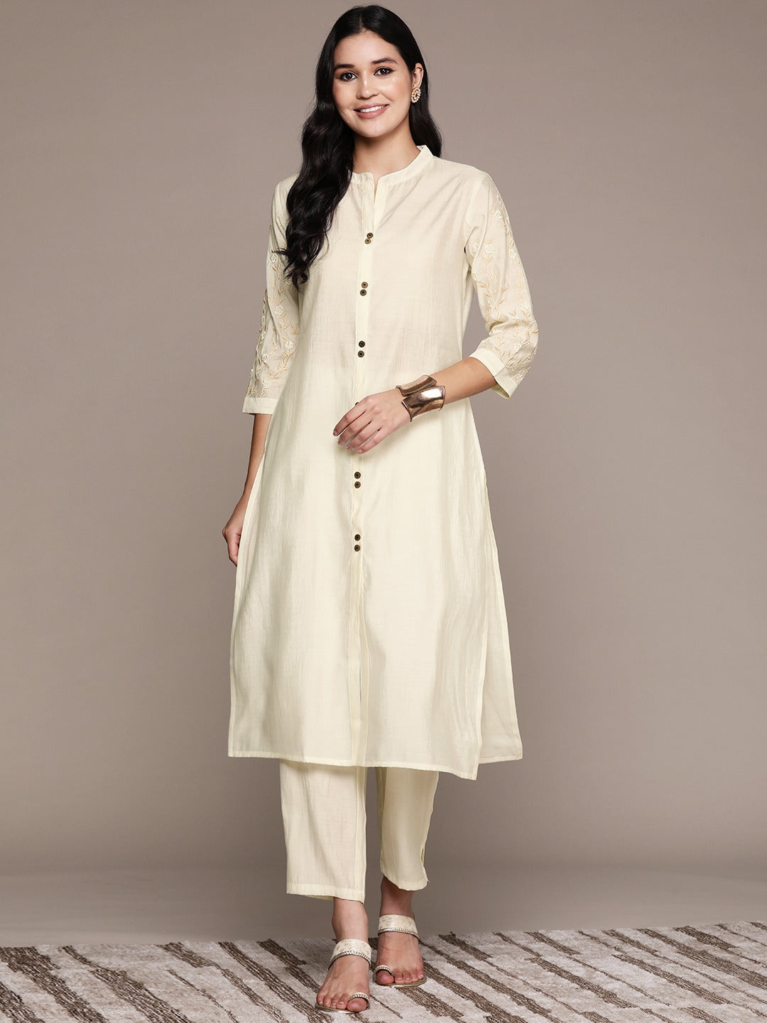 Straight Style Silk Fabric Off White Color Kurta And Bottom