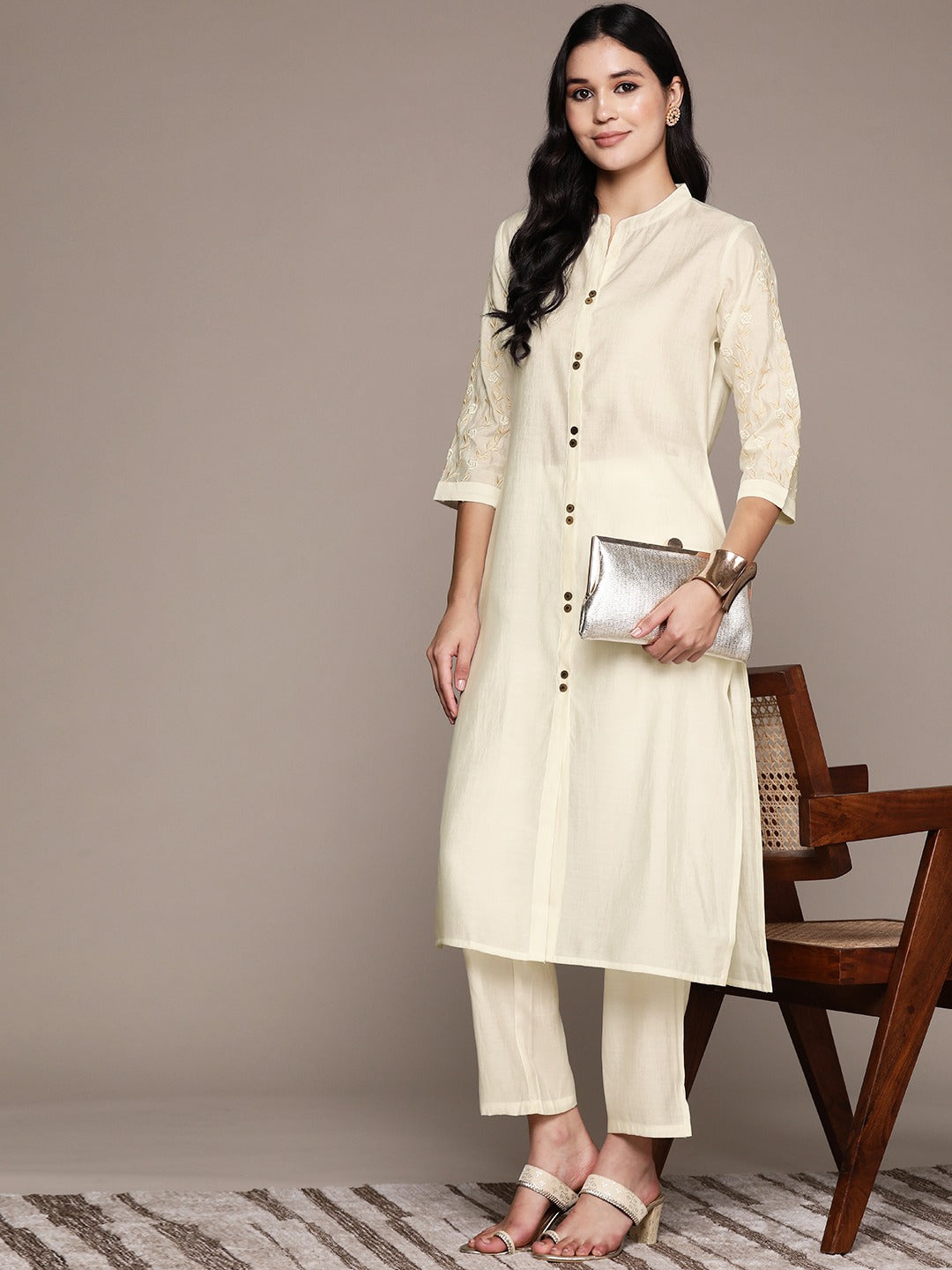 Straight Style Silk Fabric Off White Color Kurta And Bottom