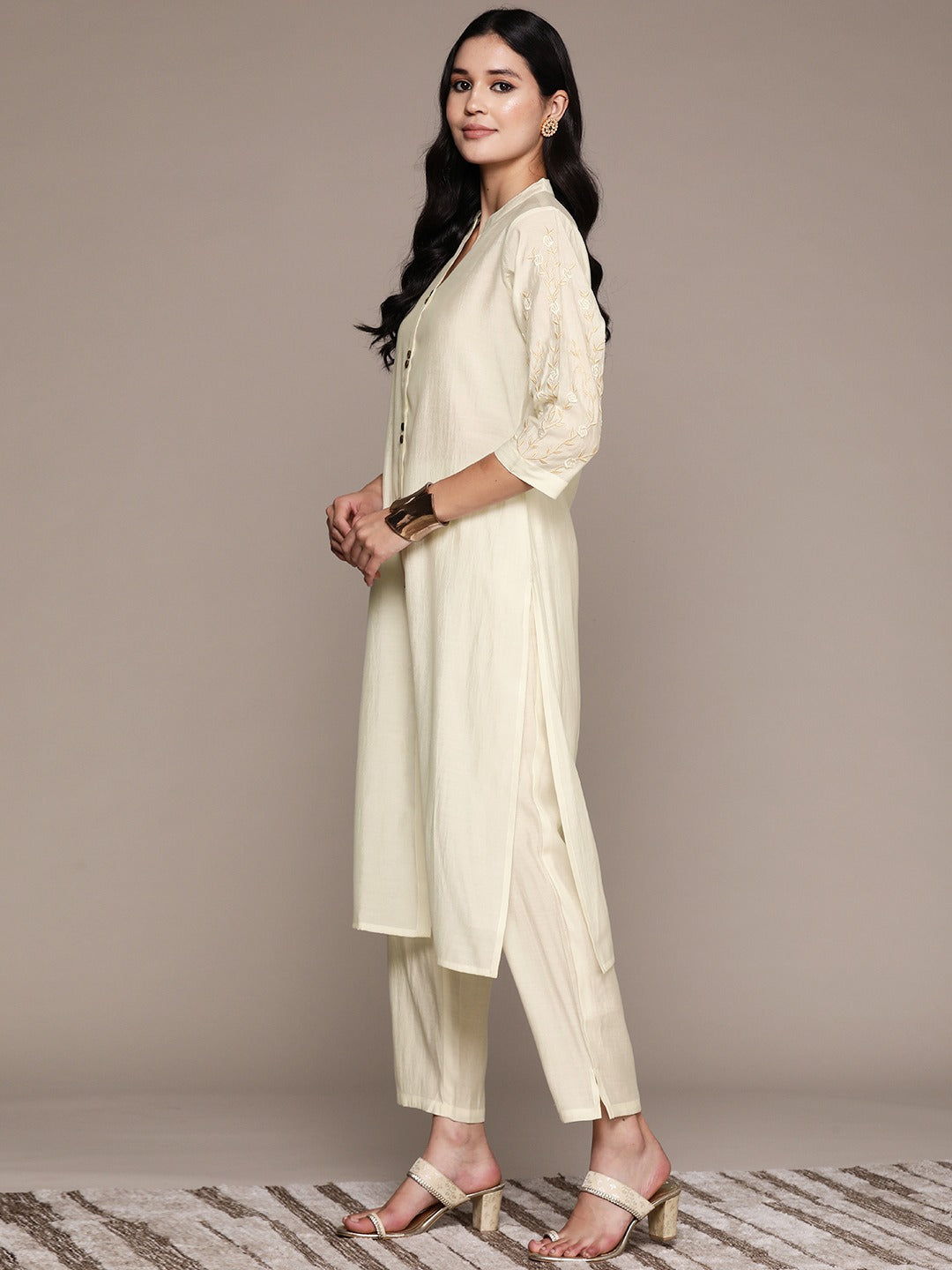 Straight Style Silk Fabric Off White Color Kurta And Bottom