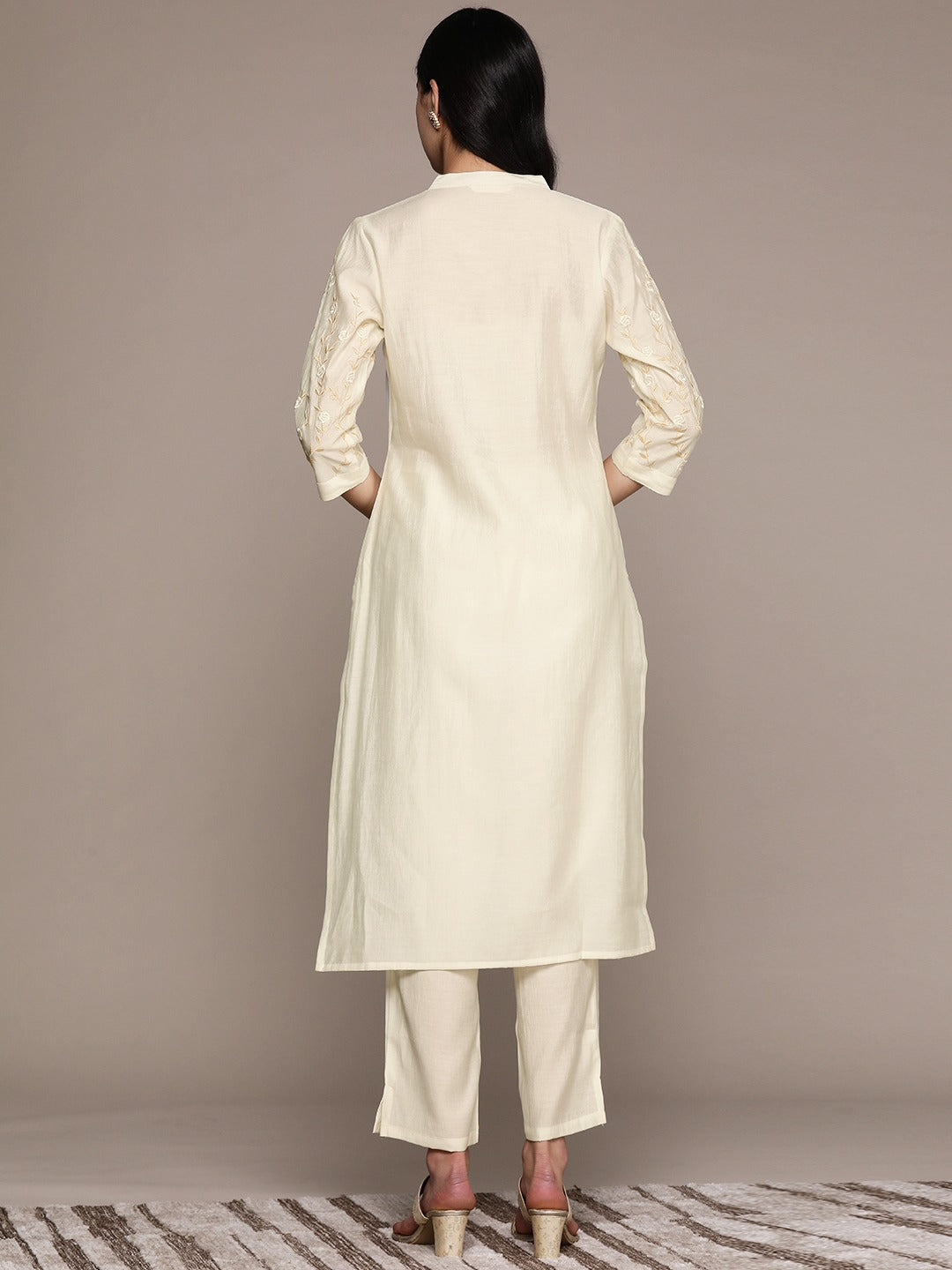 Straight Style Silk Fabric Off White Color Kurta And Bottom