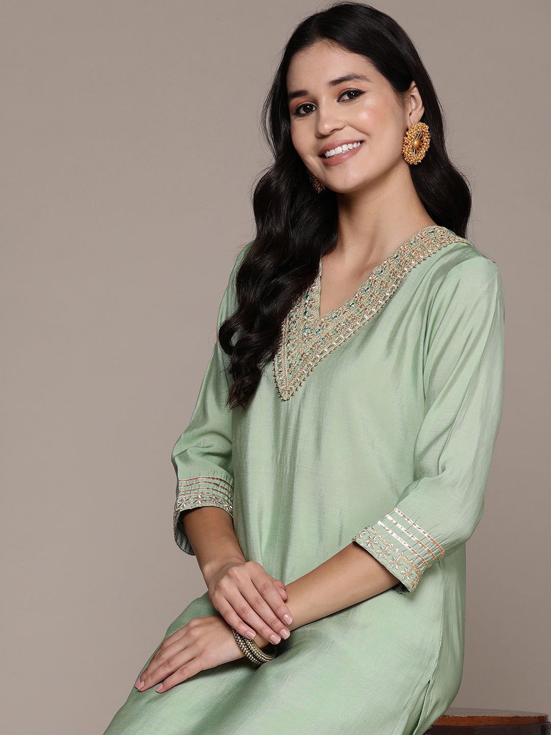 Straight Style Silk Fabric Green Color Kurta And Bottom