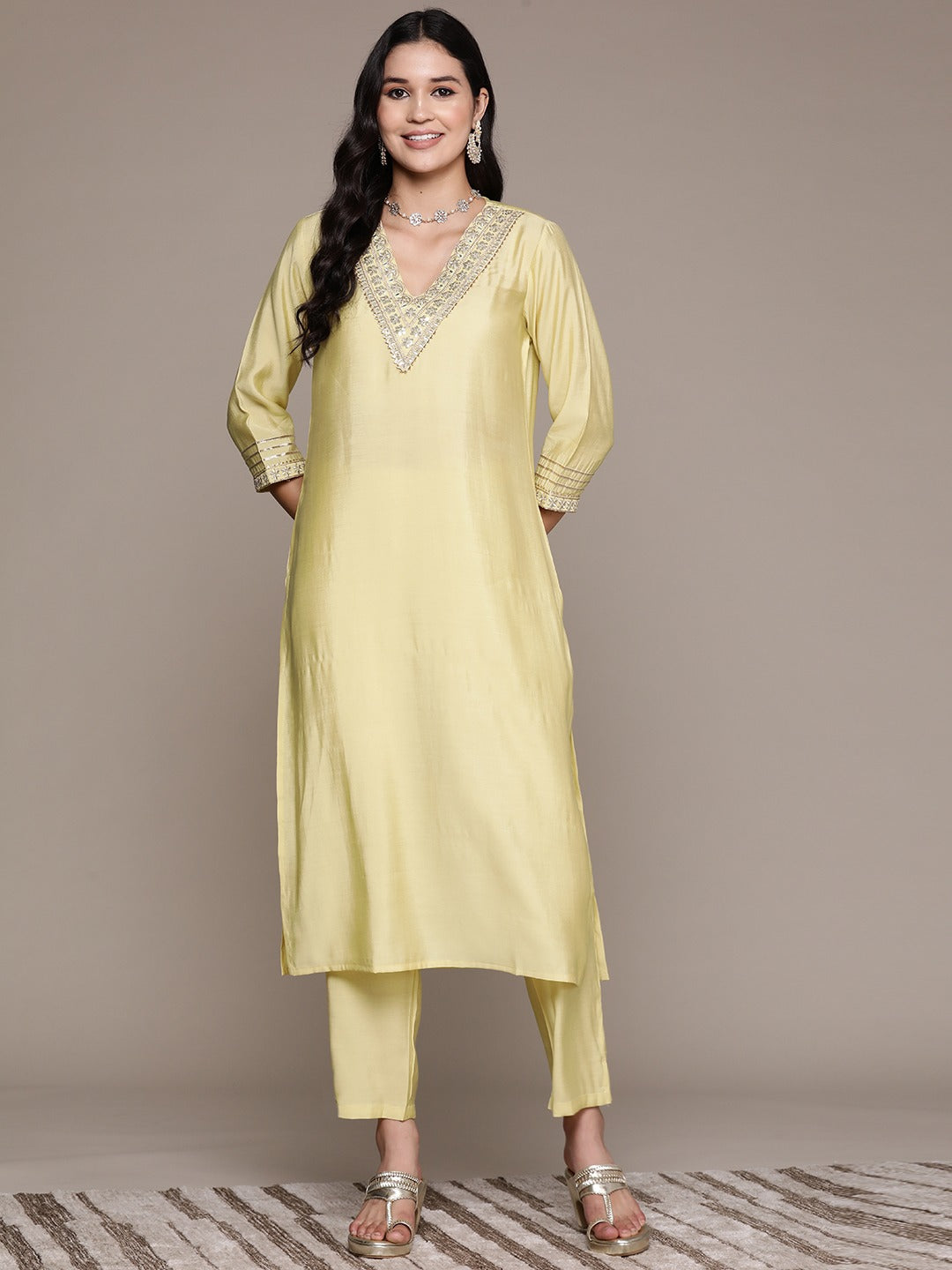 Straight Style Silk Fabric Yellow Color Kurta And Bottom
