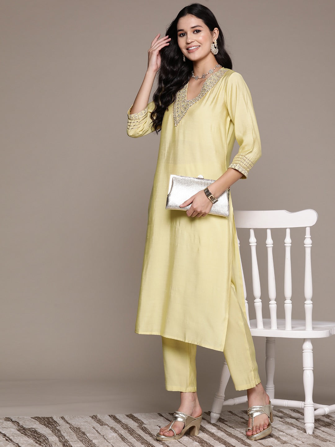 Straight Style Silk Fabric Yellow Color Kurta And Bottom