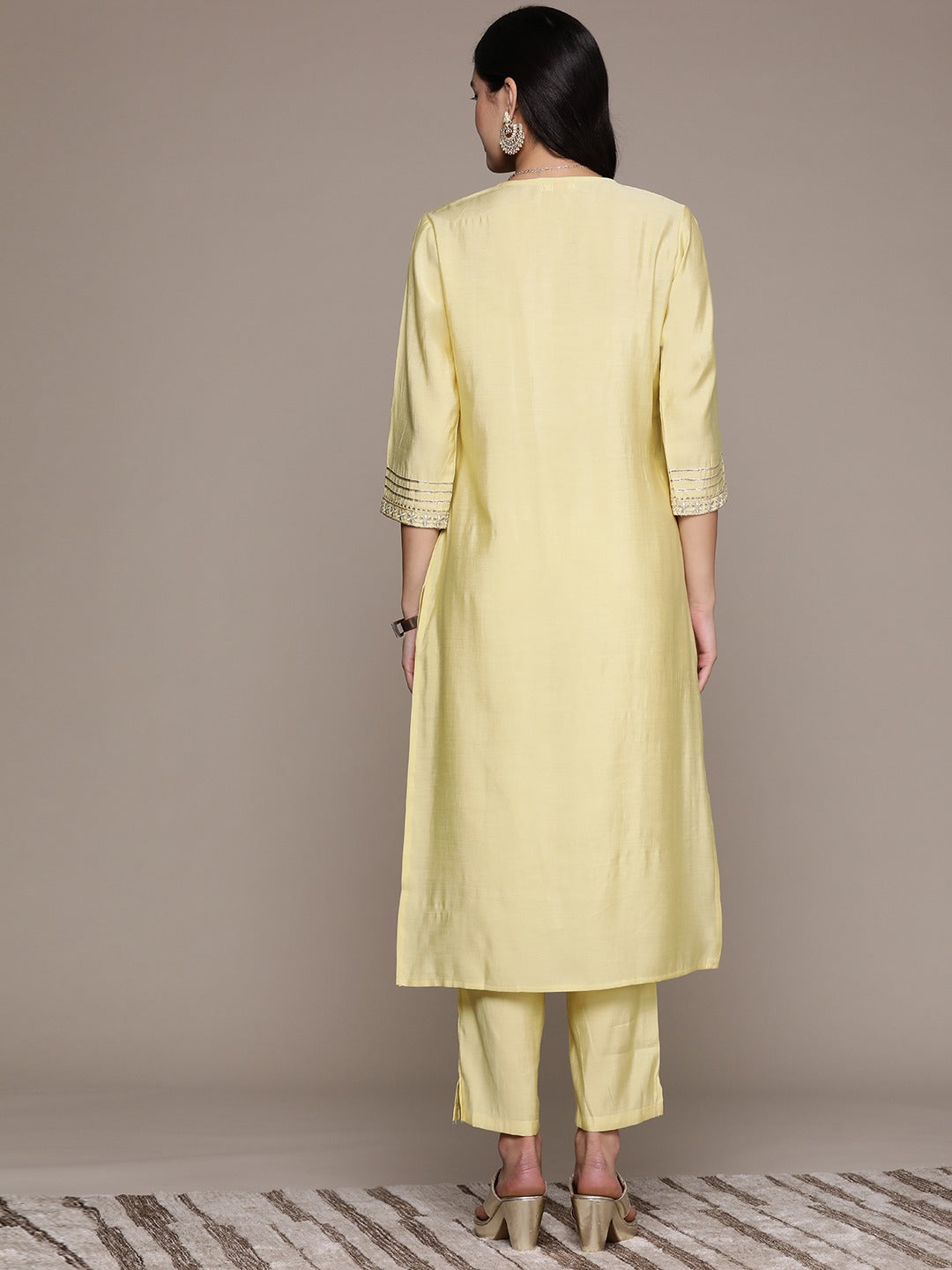 Straight Style Silk Fabric Yellow Color Kurta And Bottom