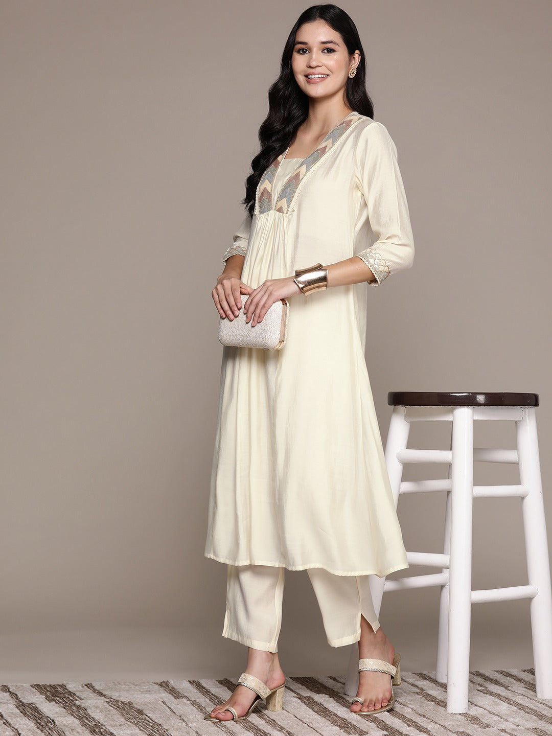 A Line Style Silk Fabric Cream Color Kurta And Bottom