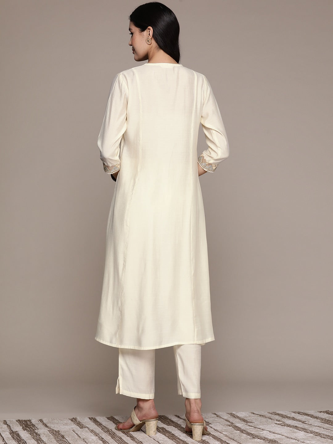 A Line Style Silk Fabric Cream Color Kurta And Bottom