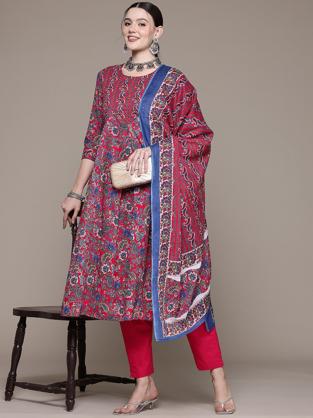 A line style Cotton fabric Magenta color kurta with Bottom and Dupatta