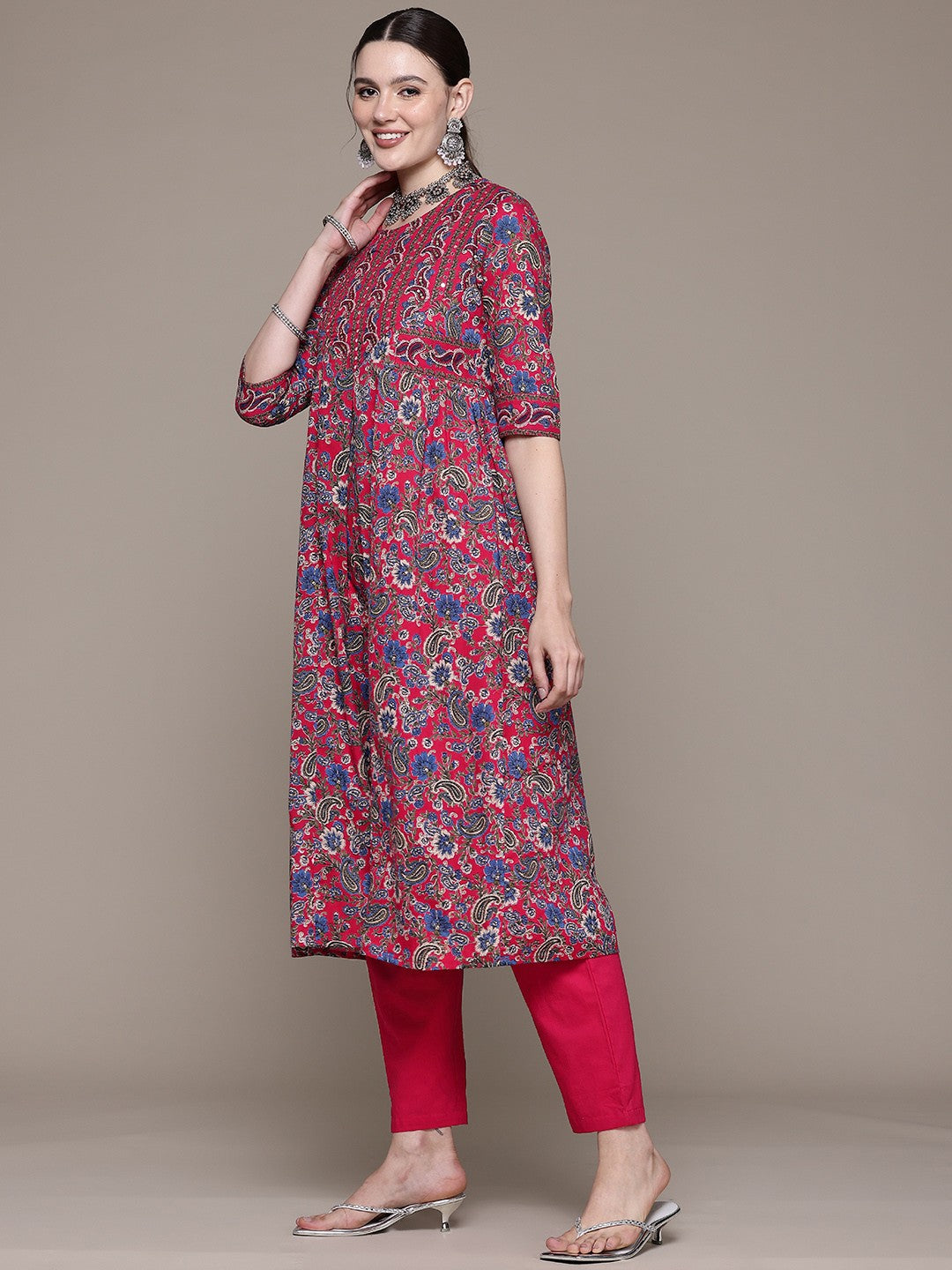 A line style Cotton fabric Magenta color kurta with Bottom and Dupatta