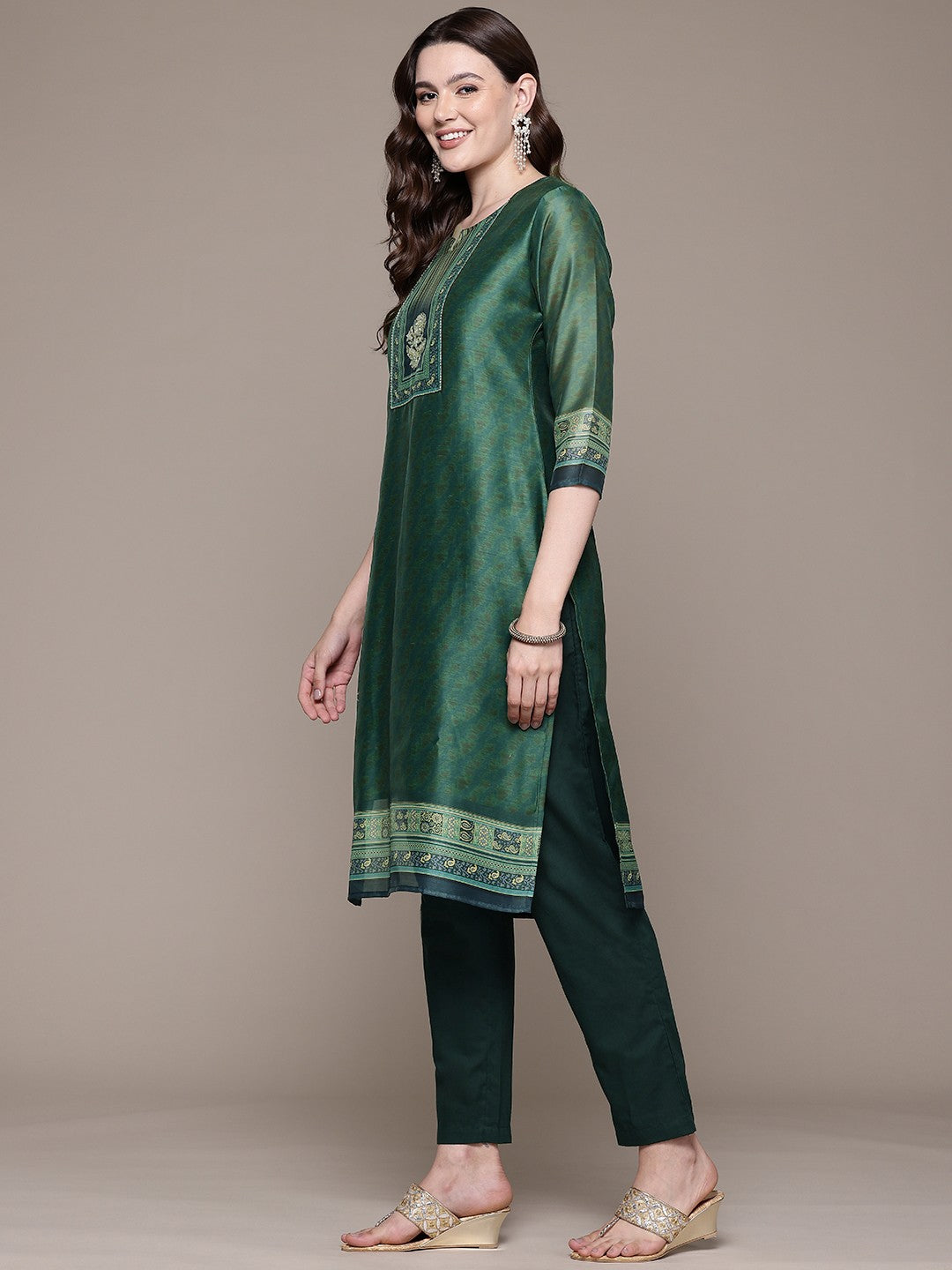 Straight style Silk fabric Green color kurta with Bottom and Dupatta