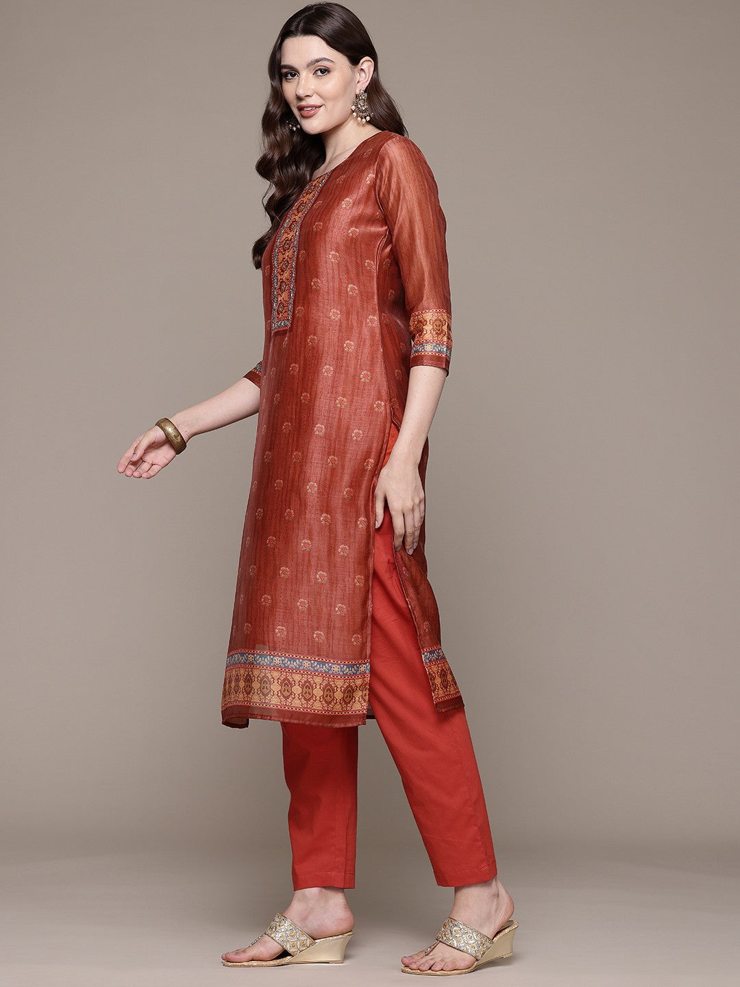 Straight style Silk fabric Red color kurta with Bottom and Dupatta