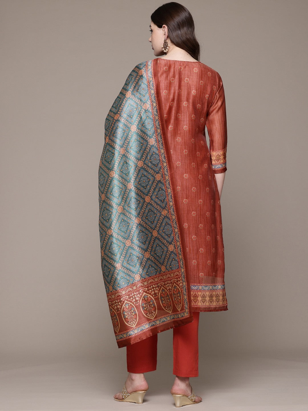 Straight style Silk fabric Red color kurta with Bottom and Dupatta