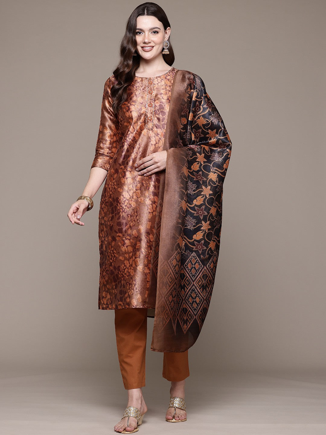 Straight style Silk fabric Rust color kurta with Bottom and Dupatta