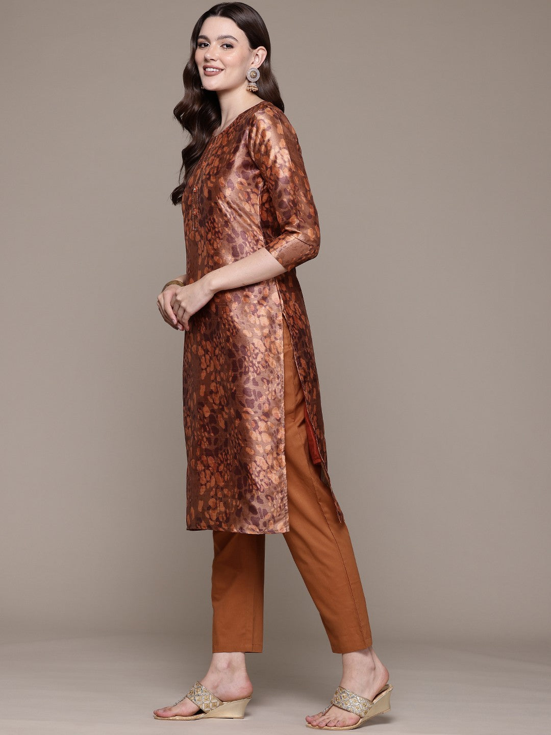 Straight style Silk fabric Rust color kurta with Bottom and Dupatta