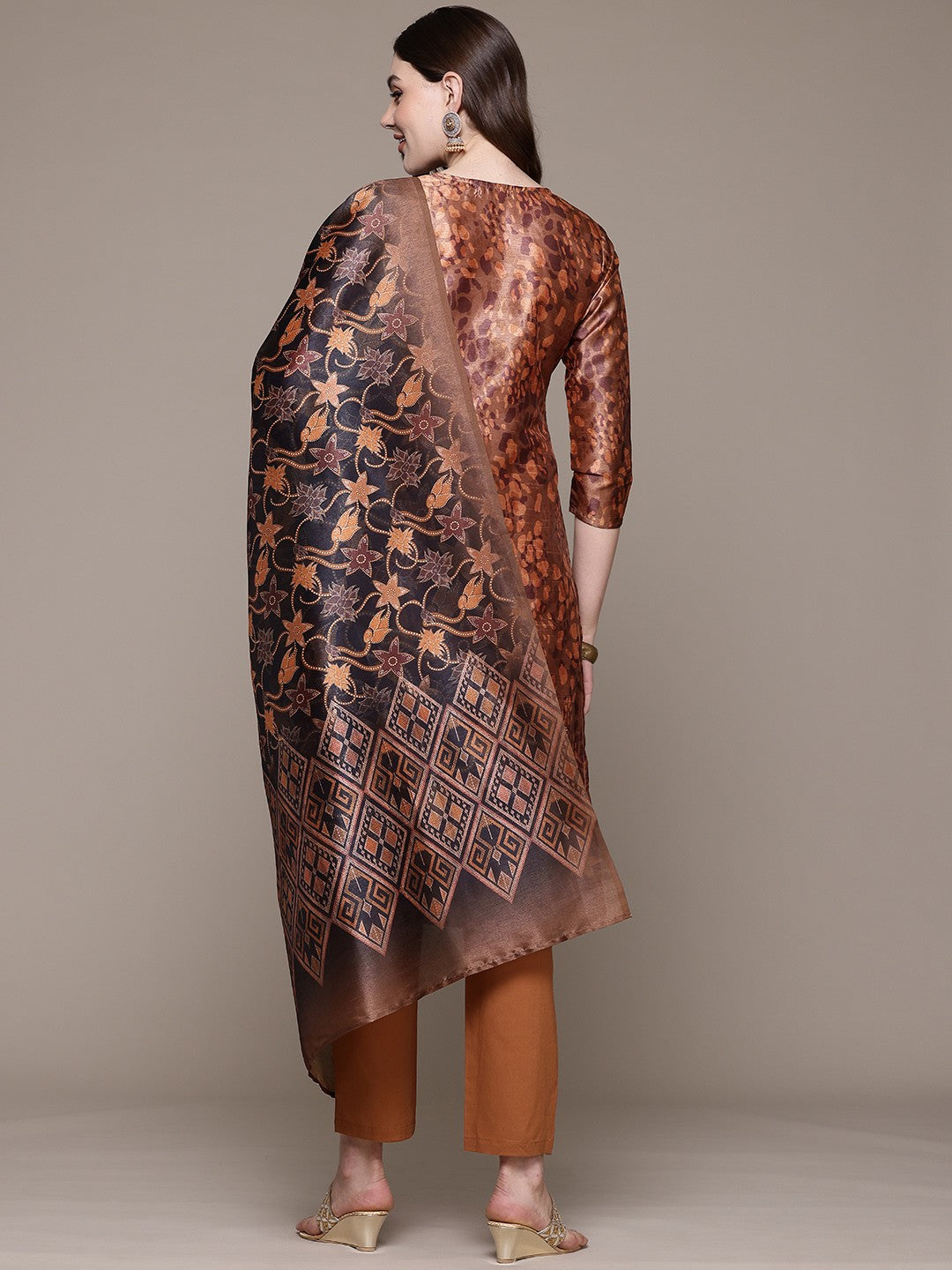 Straight style Silk fabric Rust color kurta with Bottom and Dupatta