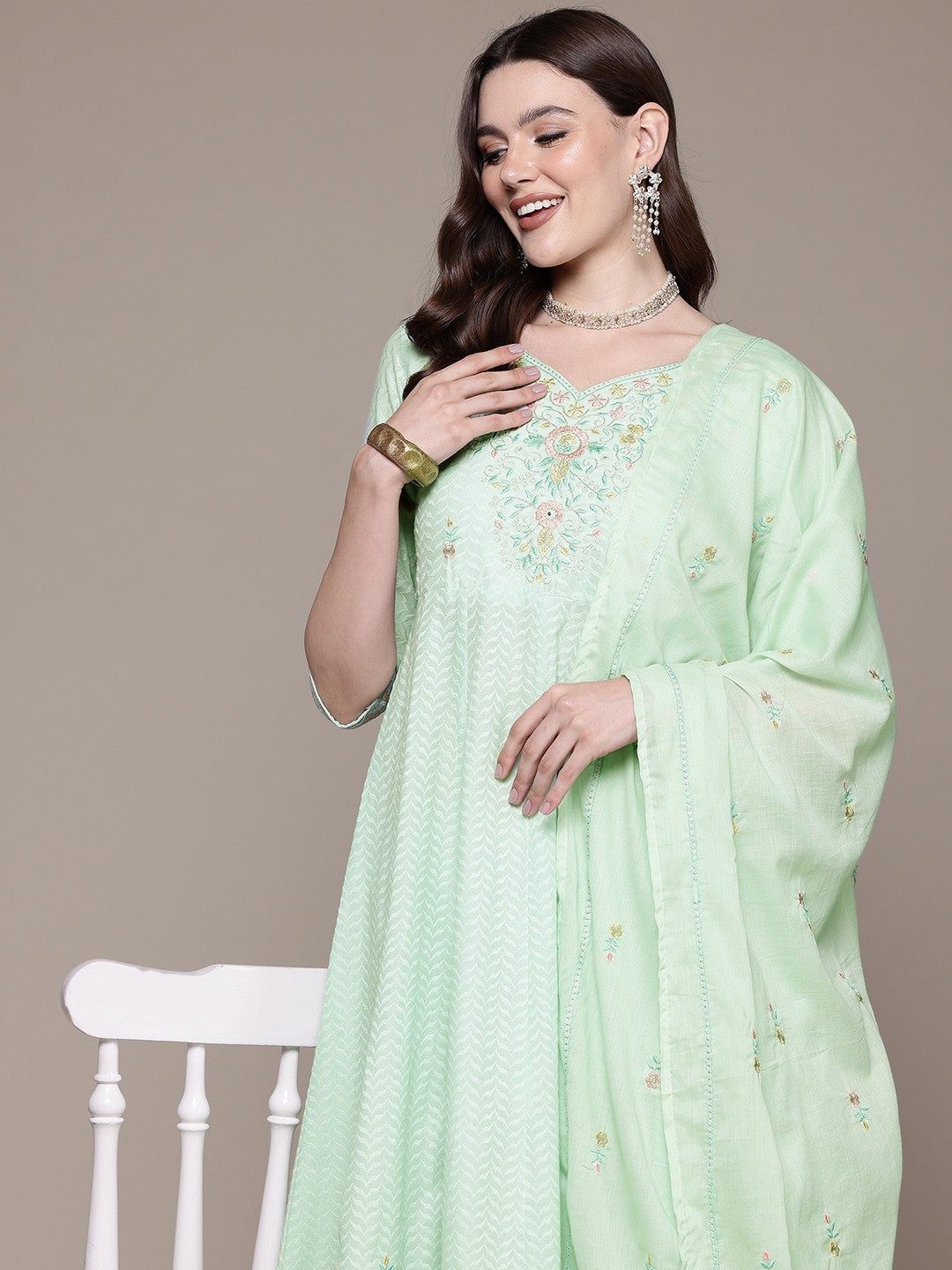 Anarkali style Cotton fabric Green color kurta with Bottom and Dupatta