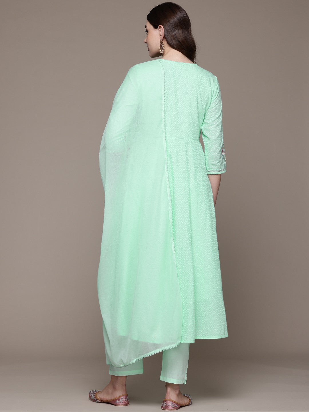 Anarkali style Cotton fabric Sea Green color kurta with Bottom and Dupatta