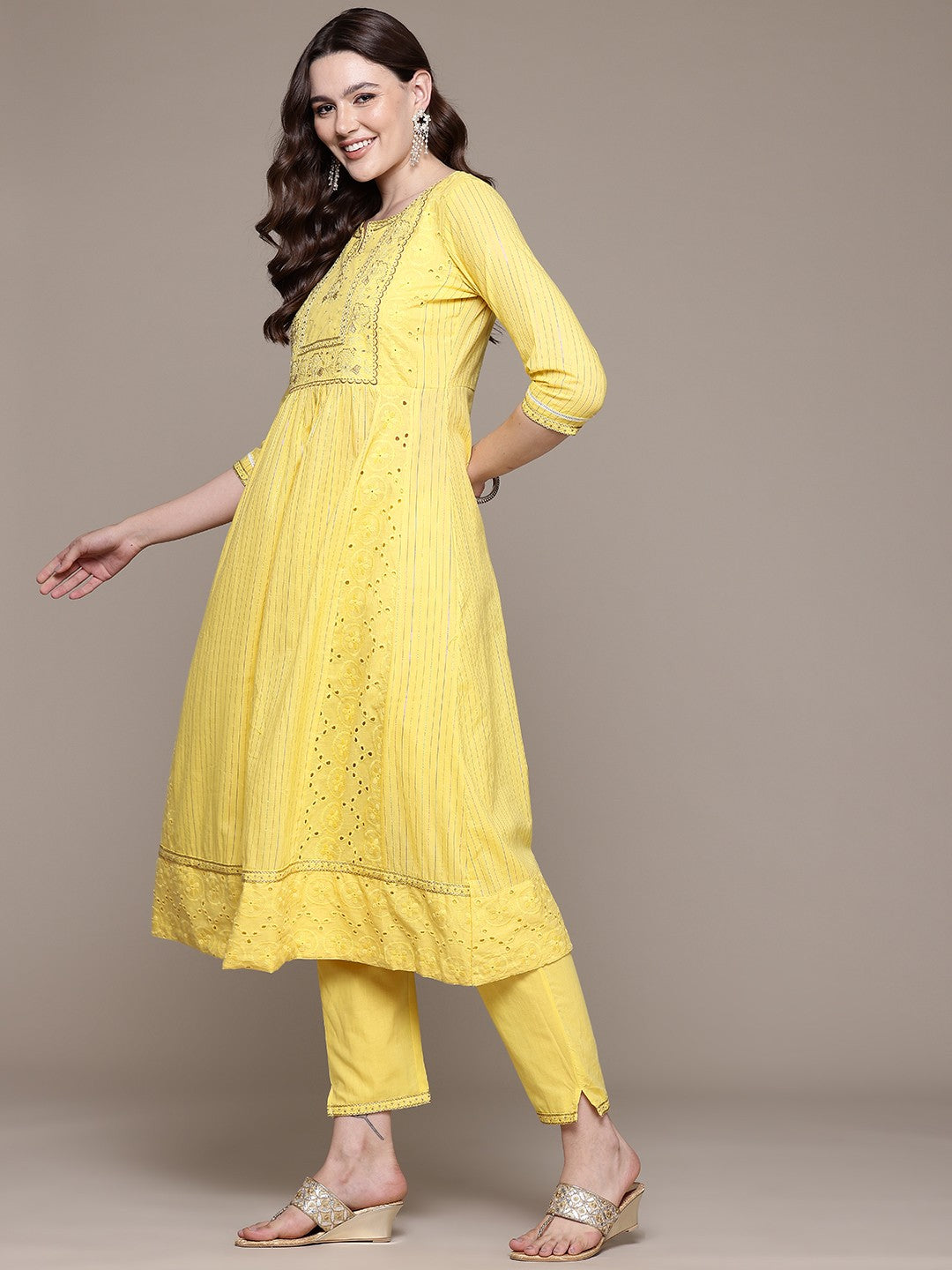 Anarkali style Cotton fabric Yellow color kurta with Bottom and Dupatta