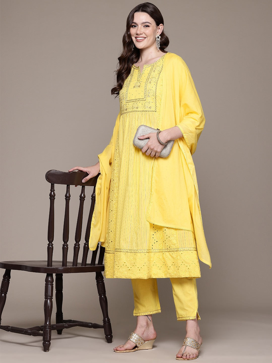 Anarkali style Cotton fabric Yellow color kurta with Bottom and Dupatta