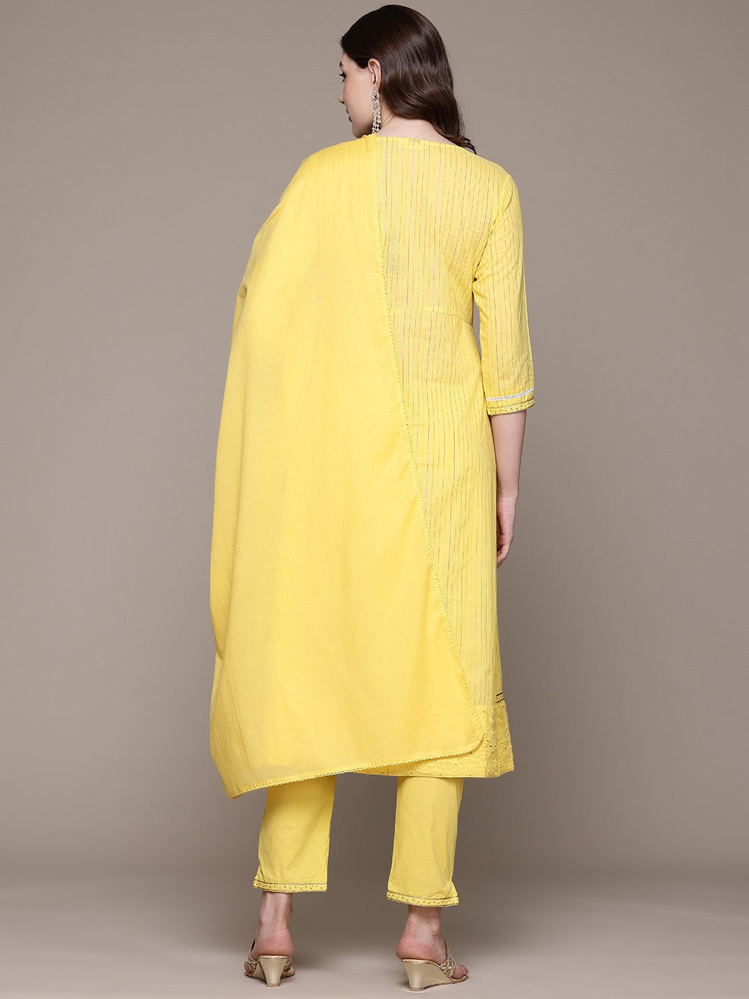 Anarkali style Cotton fabric Yellow color kurta with Bottom and Dupatta