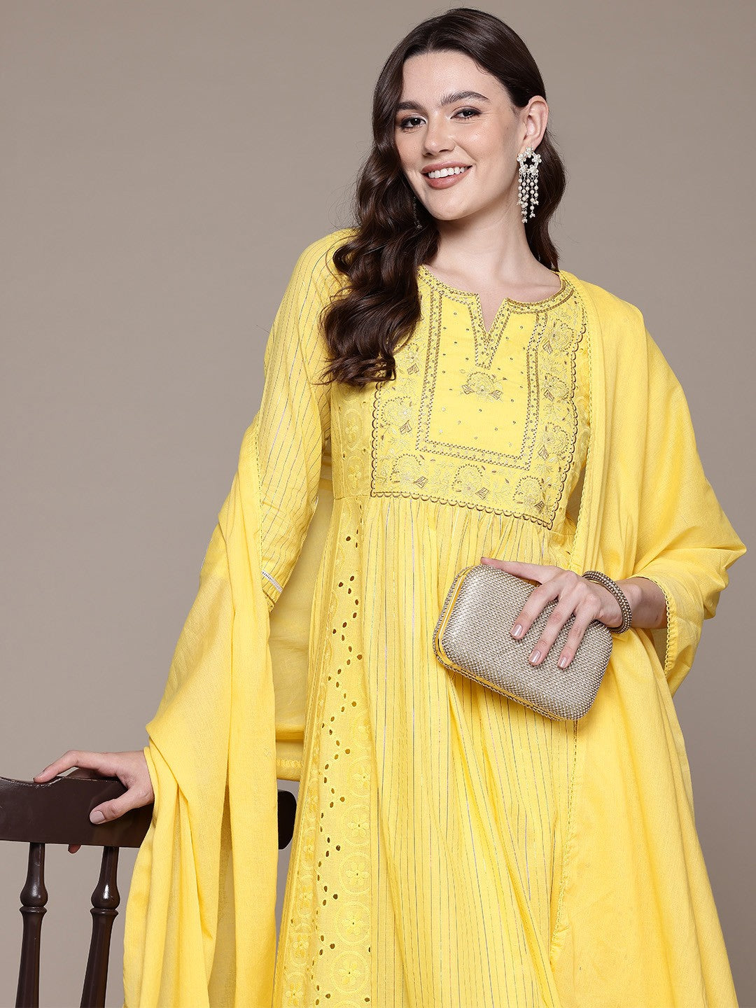Anarkali style Cotton fabric Yellow color kurta with Bottom and Dupatta
