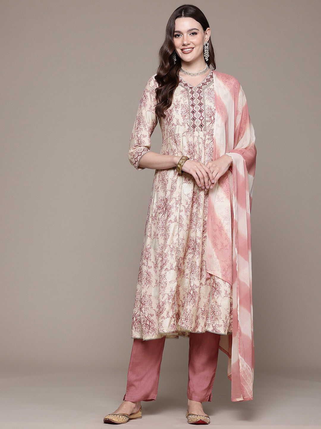 Anarkali style Silk fabric Mauve color kurta with Bottom and Dupatta